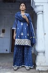 Buy_Kameez_Blue Kurta And Dupatta- Chanderi Embroidered Floral Round Sharara Set _at_Aza_Fashions