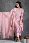 Buy_Kameez_Pink Kurta And Dupatta - Chanderi Printed Floral Mandarin Collar Set _Online_at_Aza_Fashions