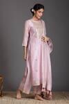 Kameez_Pink Kurta And Dupatta - Chanderi Embroidered Floral Keyhole Gota Set _Online_at_Aza_Fashions