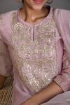 Shop_Kameez_Pink Kurta And Dupatta - Chanderi Embroidered Floral Keyhole Gota Set _Online_at_Aza_Fashions