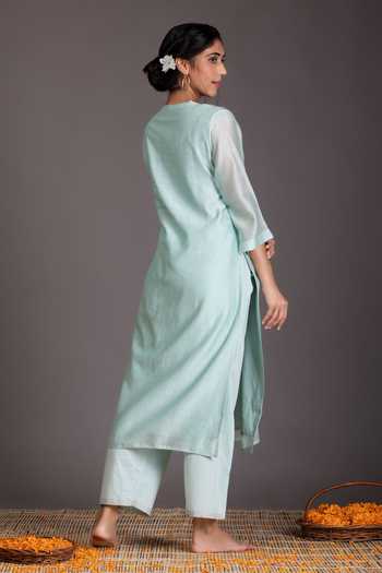 Shop_Kameez_Green Dupatta - Kota Doriya, Kurta - Chanderi, Pant - Cotton Embroidered Set _at_Aza_Fashions