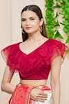 Buy_Khwaab by Sanjana Lakhani_Maroon Silk Blend Plain V Neck Ruffle Blouse _at_Aza_Fashions