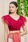 Khwaab by Sanjana Lakhani_Maroon Silk Blend Plain V Neck Ruffle Blouse _Online_at_Aza_Fashions