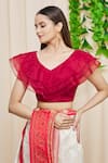 Shop_Khwaab by Sanjana Lakhani_Maroon Silk Blend Plain V Neck Ruffle Blouse _Online_at_Aza_Fashions