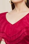 Khwaab by Sanjana Lakhani_Maroon Silk Blend Plain V Neck Ruffle Blouse _at_Aza_Fashions