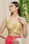 Samyukta Singhania_Gold Art Silk Plain V Neck Sleeveless Blouse _Online_at_Aza_Fashions