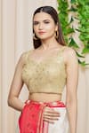 Shop_Samyukta Singhania_Gold Net Embroidered Sequin V Neck Work Sleeveless Blouse _Online_at_Aza_Fashions