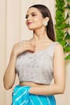 Buy_Samyukta Singhania_Silver Net Embroidered Sequin V Neck Work Sleeveless Blouse _at_Aza_Fashions