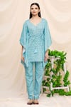 Buy_Khwaab by Sanjana Lakhani_Blue Cotton Printed Floral Motifs V Neck Kurta Set_Online_at_Aza_Fashions