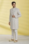 Buy_Aryavir Malhotra_White Polly Silk Embroidered Lucknowi Sherwani Set _at_Aza_Fashions