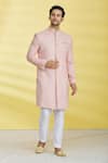 Buy_Aryavir Malhotra_Peach Polly Silk Embroidered Sequin Sherwani Set _at_Aza_Fashions