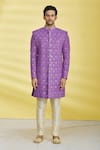 Aryavir Malhotra_Purple Polly Silk Embroidered Sequin Sherwani Set _Online_at_Aza_Fashions