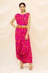 Buy_Yogita Kadam_Pink Muslin Embroidered Mirror Work Round Floral Print Cowl Dress  _at_Aza_Fashions