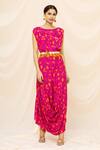 Buy_Yogita Kadam_Pink Muslin Embroidered Mirror Work Round Floral Print Cowl Dress  _Online_at_Aza_Fashions