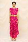 Shop_Yogita Kadam_Pink Muslin Embroidered Mirror Work Round Floral Print Cowl Dress  _Online_at_Aza_Fashions