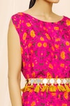 Yogita Kadam_Pink Muslin Embroidered Mirror Work Round Floral Print Cowl Dress  _at_Aza_Fashions