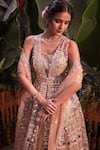 Aneesh Agarwaal_Gold Net Embroidery Mirror V Neck Jacket Lehenga Set_Online_at_Aza_Fashions