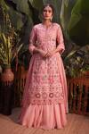 Buy_Aneesh Agarwaal_Pink Organza Embroidered Mirror Work Round Foil Applique Kurta Lehenga Set _at_Aza_Fashions