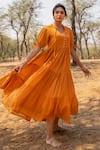 Buy_Myaara_Orange Mul Plain V Neck Tie Up Sleeve Flared Dress _at_Aza_Fashions