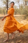 Myaara_Orange Mul Plain V Neck Tie Up Sleeve Flared Dress _Online_at_Aza_Fashions