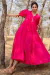 Myaara_Pink Mul Plain V Neck Tie Up Sleeve Dress _Online_at_Aza_Fashions