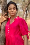 Shop_Myaara_Pink Mul Plain V Neck Tie Up Sleeve Dress _Online_at_Aza_Fashions