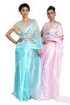 Shop_Pooja Bagaria_Blue Organza Holographic Pre-draped Saree With Blouse_Online_at_Aza_Fashions