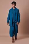 Buy_Mati_Blue Cotton Handwoven Jacket And Harem Pant Set_at_Aza_Fashions