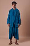 Shop_Mati_Blue Cotton Handwoven Jacket And Harem Pant Set_at_Aza_Fashions