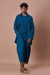 Mati_Blue Cotton Handwoven Jacket And Harem Pant Set_Online_at_Aza_Fashions
