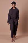 Buy MATI_1 Black 100% Cotton Shawl Collar Handwoven Jacket And Harem Pant Set at Aza Fashions Buy_MATI_1_Black 100% Cotton Shawl Collar Handwoven Jacket And Harem Pant Set_at_Aza_Fashions