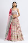 Buy_Nitika Gujral_White Tulle Embroidered Resham Leaf Neck Floral Bridal Lehenga Set _at_Aza_Fashions