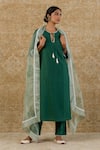 Buy_Devnaagri_Green Cotton Silk Blend And Organza Printed Pintuck Tie-up Kurta Set With Dupatta _at_Aza_Fashions