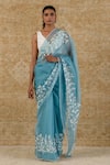 Buy_Devnaagri_Blue Silk Organza Embroidered Floral V Neck Saree Set _at_Aza_Fashions