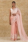 Buy_Devnaagri_Pink Silk Organza Embroidered Floral V Neck Saree Set _at_Aza_Fashions