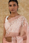 Devnaagri_Pink Silk Organza Embroidered Floral V Neck Saree Set _Online_at_Aza_Fashions