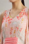 Parul | Vivek_Pink Crepe Floral, Pearl , Cristal V Neck Asymmetric Kaftan _at_Aza_Fashions