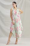 Buy_Parul | Vivek_Green Crepe Printed Floral V Neck Asymmetric Kaftan  _at_Aza_Fashions