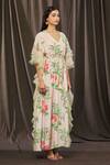 Parul | Vivek_Pink Organza Printed Floral V Neck Layered Ruffle Kaftan  _Online_at_Aza_Fashions