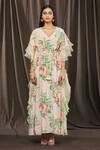 Shop_Parul | Vivek_Pink Organza Printed Floral V Neck Layered Ruffle Kaftan  _Online_at_Aza_Fashions