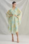 Buy_Parul | Vivek_Blue Crepe Printed Floral V Neck Wrap Style Kaftan  _at_Aza_Fashions