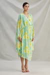 Parul | Vivek_Green Crepe Printed Floral V Neck Wrap Style Kaftan  _Online_at_Aza_Fashions