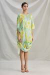 Parul | Vivek_Green Crepe Printed Floral Round Cowl Dress  _Online_at_Aza_Fashions