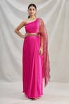 Buy_Show Shaa_Pink Pleated Satin Plain One Shoulder Holly Pre-draped Saree And Blouse_Online_at_Aza_Fashions