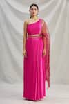 Show Shaa_Pink Pleated Satin Plain One Shoulder Holly Pre-draped Saree And Blouse_Online_at_Aza_Fashions