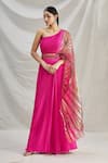 Buy_Show Shaa_Pink Pleated Satin Plain One Shoulder Holly Pre-draped Saree And Blouse_at_Aza_Fashions