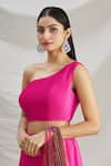 Shop_Show Shaa_Pink Pleated Satin Plain One Shoulder Holly Pre-draped Saree And Blouse_Online_at_Aza_Fashions
