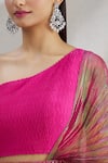Show Shaa_Pink Pleated Satin Plain One Shoulder Holly Pre-draped Saree And Blouse_at_Aza_Fashions