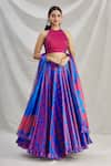 Buy_Show Shaa_Blue Silk, Pleated Satin Leaf Motifs Halter Neck Phoebe Printed Lehenga Set _at_Aza_Fashions