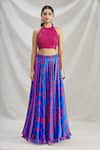 Show Shaa_Blue Silk, Pleated Satin Leaf Motifs Halter Neck Phoebe Printed Lehenga Set _Online_at_Aza_Fashions